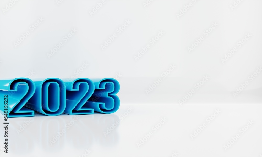 Poster minimal 3d render 2023 with blue color on white background