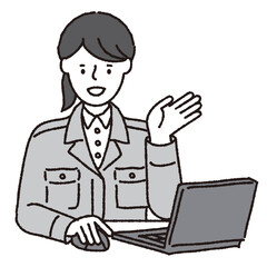 作業着姿の女性_パソコン