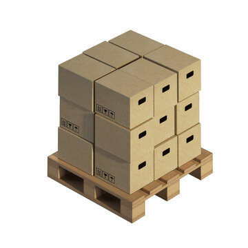 3d rendering illustration of pallet full of cardboxes. Cargo, delivery industry