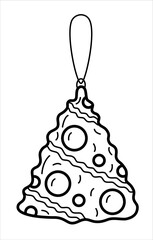 Vector black line illustration of a christmas tree toy in the form of a Christmas tree. Winter, holiday, New Year, Christmas theme. Good for coloring books and web design.