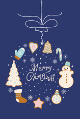 Fototapeta premium New Year card. Christmas ball made of gingerbread cookies. Merry Christmas lettering. Vector illustration isolated on blue background