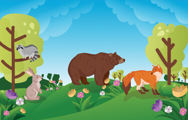 Spring Animal, Spring Dew Animal, Fox, Bear, Grizzly, Rabbit, Animal Vector