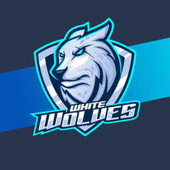 white wolves head mascot esport logo design, wolf character for sport and gaming