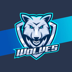 white wolves head mascot esport logo design, wolf character for sport and gaming