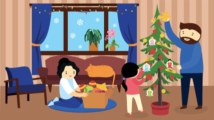 Parents with daughter decorate the Christmas tree at home