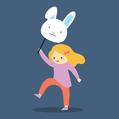 Girl with a carnival mask on a stick in her hand