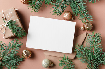 Christmas blank greeting card mockup with gift