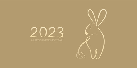 Happy Chinese New Year 2023, Year of the rabbit by brush stroke abstract paint continuous line gold gradient isolated on gold background.