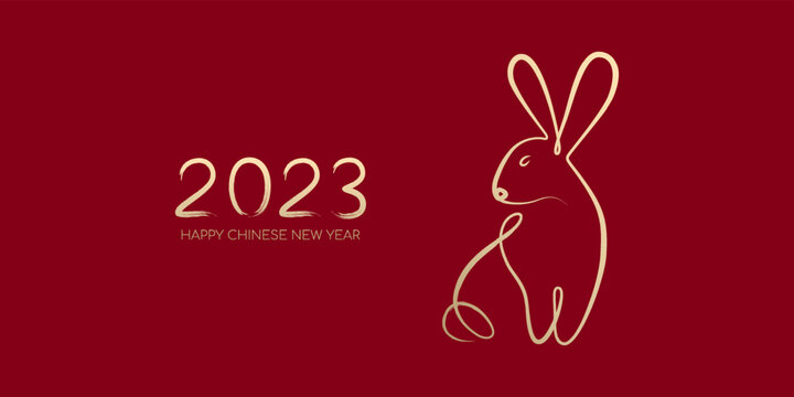 Happy Chinese New Year 2023, Year of the rabbit by brush stroke abstract paint continuous line gold gradient isolated on red background.