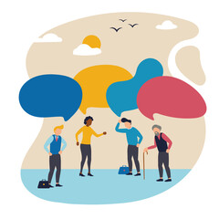 Vector illustration with group of different ages people thinking, talking. Concept of business, communication, partnership, problem solving, innovative business approach, brainstorming