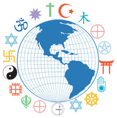 Religious symbols around earth planet