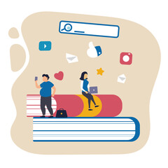 Vector illustration with young people, students in studying process. Concept of business, career development, partnership, problem solving, innovative business approach, brainstorming