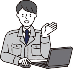 作業着姿の男性_パソコン