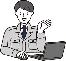 作業着姿の男性_パソコン