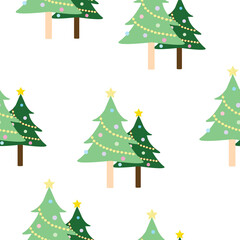 The Christmas Trees were Decorated with Ball Lights and Starlight Isolated On White Background-Seamless Pattern.