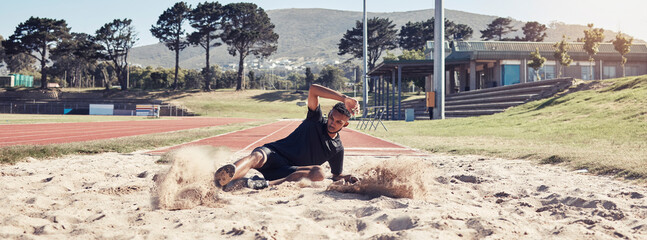 Athlete long jump, sand and sports man training for France olympic competition, workout challenge...