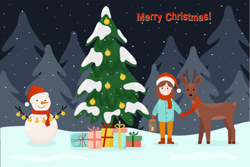 Christmas card with funny cartoon characters. A snowman with a garland, a deer in a scarf and little girl with an old lamp . There is a Christmas tree in the with gifts under it in the night forest