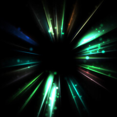 Pretty background of crossing beams of light and glowing particles. Wallpaper of vibrant colorful lights. Shinny light display.