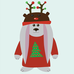 Rabbit in Christmas pajamas and Santa's reindeer hat