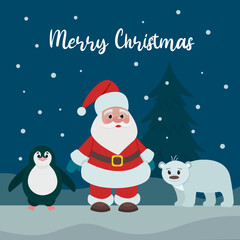 Christmas card with santa claus and animals. Polar bear and penguin. Vector illustration. Happy New Year and Merry Christmas!
