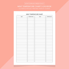 Meat Temperature Chart Log Book | Meat Temperature Chart Diary Journal |Notebook Printable Template