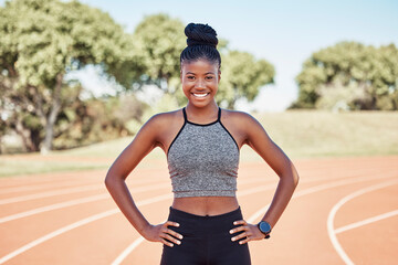 Portrait, black woman and athlete with smile, outdoor and health for wellness, workout and happy on track field. Runner, African American female and confident girl for training, exercise and fitness.