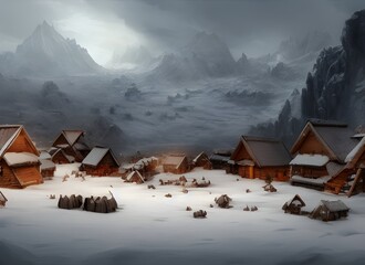 mountain village with wooden viking houses in the snow, blizzard, winter landscape