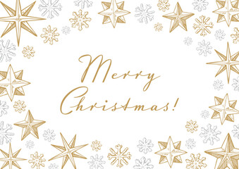 Obraz premium Merry Christmas and Happy New Year horizontal greeting card with hand drawn golden five pointed stars and snowflakes. Vector illustration in sketch style. Festive background