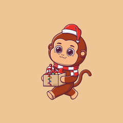 cute monkey carrying a box of christmas decoration