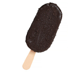 Dark brown ice cream on a wooden stick, isolated on a white background, close-up