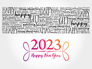 2023 year greeting word cloud collage, Happy New Year celebration greeting card