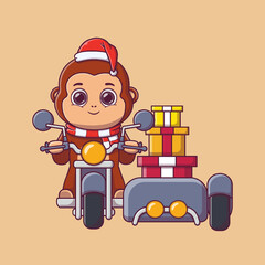 cute monkey carrying gifts box on motorcycle with sidecar
