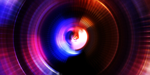 Glowing neon rotating lights. Glossy presentation design template. Photography camera concept. Abstract Background. Spinning rays of light. Motion conceptual wallpaper. Graphic digital illustration.