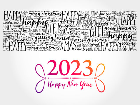 2023 year greeting word cloud collage, Happy New Year celebration greeting card