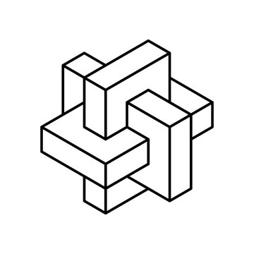 Linear impossible 3D rectangles symbol. Three bricks make an penrose shape. Geometric unity Esher figure. Logo template. Architecture, building, construction concept. Vector illustration, clip art. 