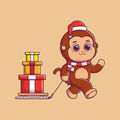cute monkey pulling a sled with christmas gifts 
