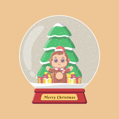 cute monkey with gifts and christmas tree in snow globe