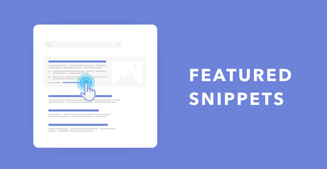 Featured snippets - extended top search results. Optimize website for SEO with organic results in serp. Horizontal vector banner illustration - obrazy, fototapety, plakaty