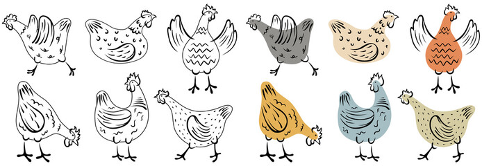 Set of hand-drawn hen. Chicken png illustration. Colorful isolated domestic birds. © ARTSTOK
