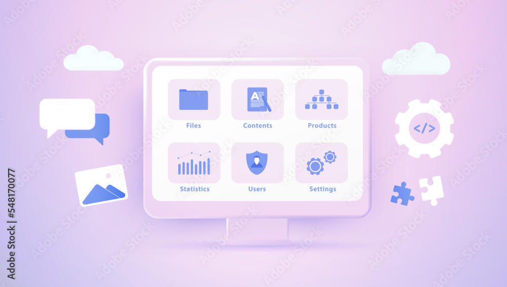 Poster cms - content management system 3d concept. web site builder, security configuration, create and pub