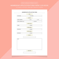 Membership Application Form Log Book | Membership Application Form Diary Journal | Notebook Printable Template