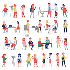Fototapeta premium Set of journalists, talk show hosts, HR agency worker interviewing people cartoon vector