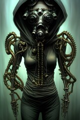 cyberpunk hooded dead biomechanical demon in gasmask mastermind character, cyborg, android, robot