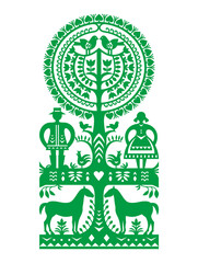 Polish folk art vector pattern Wycinanki Kurpiowskie with man and woman, birds and horses - Kurpie paper cutouts design with rural scene
