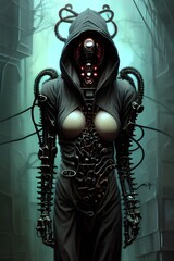 cyberpunk hooded dead biomechanical demon in gasmask mastermind character, cyborg, android, robot