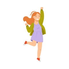 Jumping Redhead Girl Feeling Happiness and Excitement Having Fun Vector Illustration