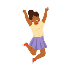 Jumping African American Girl Feeling Happiness and Excitement Having Fun Vector Illustration