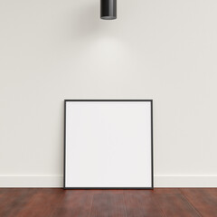 Minimal poster picture frame mockup leanings against the white wall. Blank frame mockup. Clean, modern, minimal frame. 3d rendering.