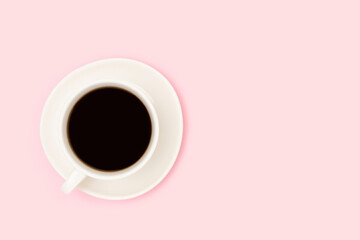 Cup with black coffee on a pink background. Minimal composition with copy space.