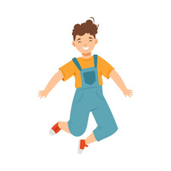 Jumping Boy in Jumpsuit Feeling Happiness and Excitement Having Fun Vector Illustration